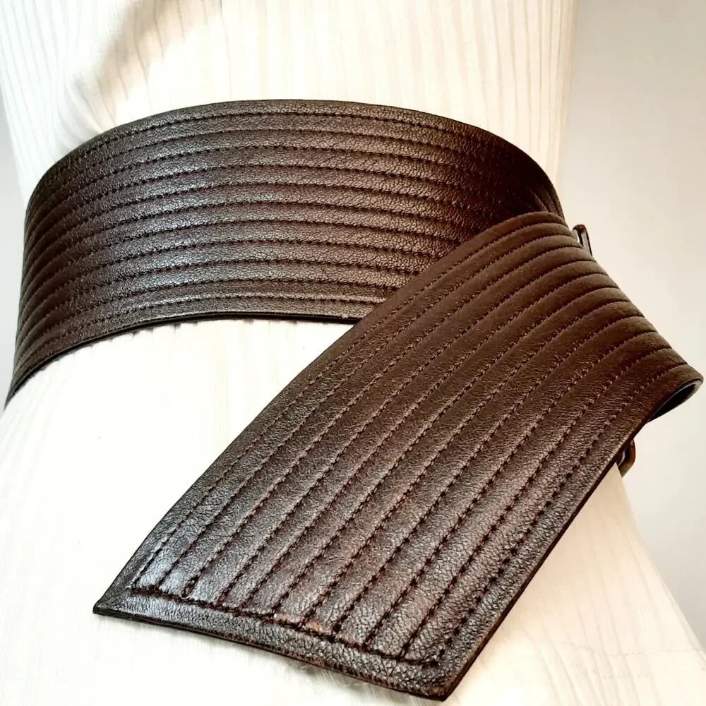 💎Armani Exchange Womens Dark Brown Wide Ribbed Leather Belt Size XS Soft